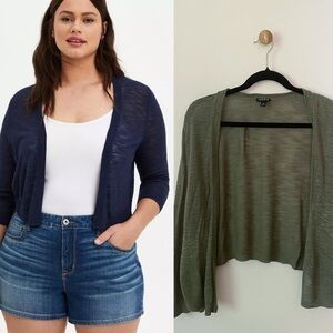 Torrid 3/4 Sleeve Cropped Open Sweater Shrug Sage Olive Green size 3 3X / 22-24